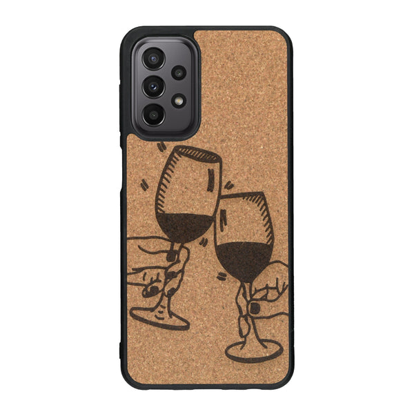 Coque de protection en bois véritable fabriquée en France pour Samsung A23 représentant une vue de face d'une flute de champagne dessinée à la main par l'artiste Maud Dabs