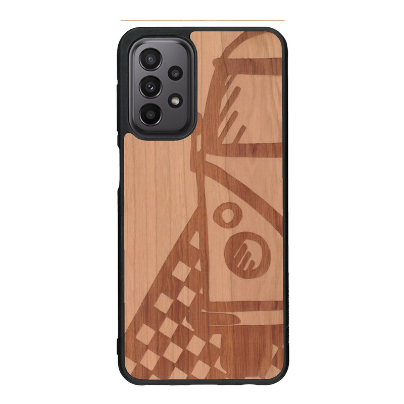 Coque de protection en bois véritable fabriquée en France pour Samsung A23 sur le thème du voyage avec un van combi