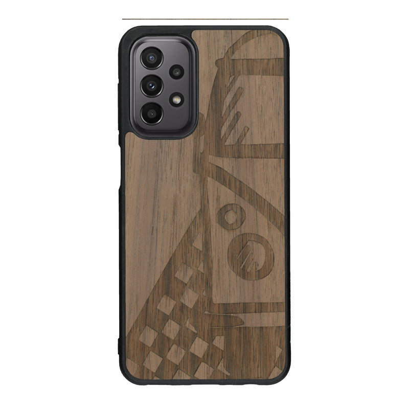 Coque de protection en bois véritable fabriquée en France pour Samsung A23 sur le thème du voyage avec un van combi