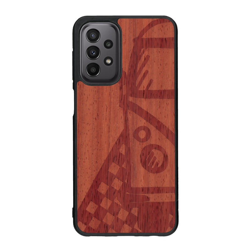 Coque de protection en bois véritable fabriquée en France pour Samsung A23 sur le thème du voyage avec un van combi