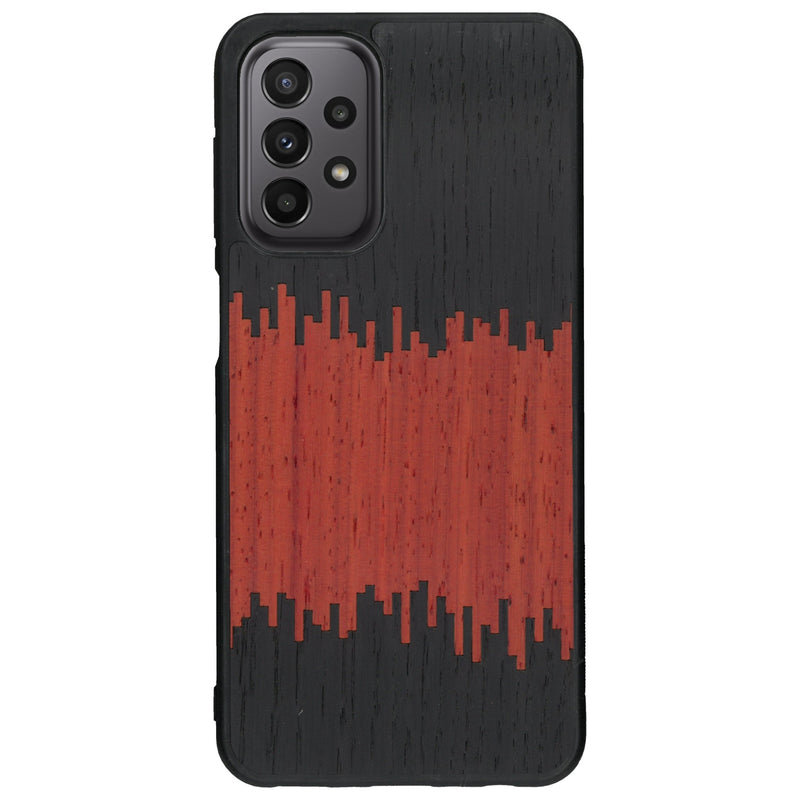 Coque de protection en bois véritable fabriquée en France pour Samsung A23 alliant plusieurs essences de bois pour représenter du magma en fusion