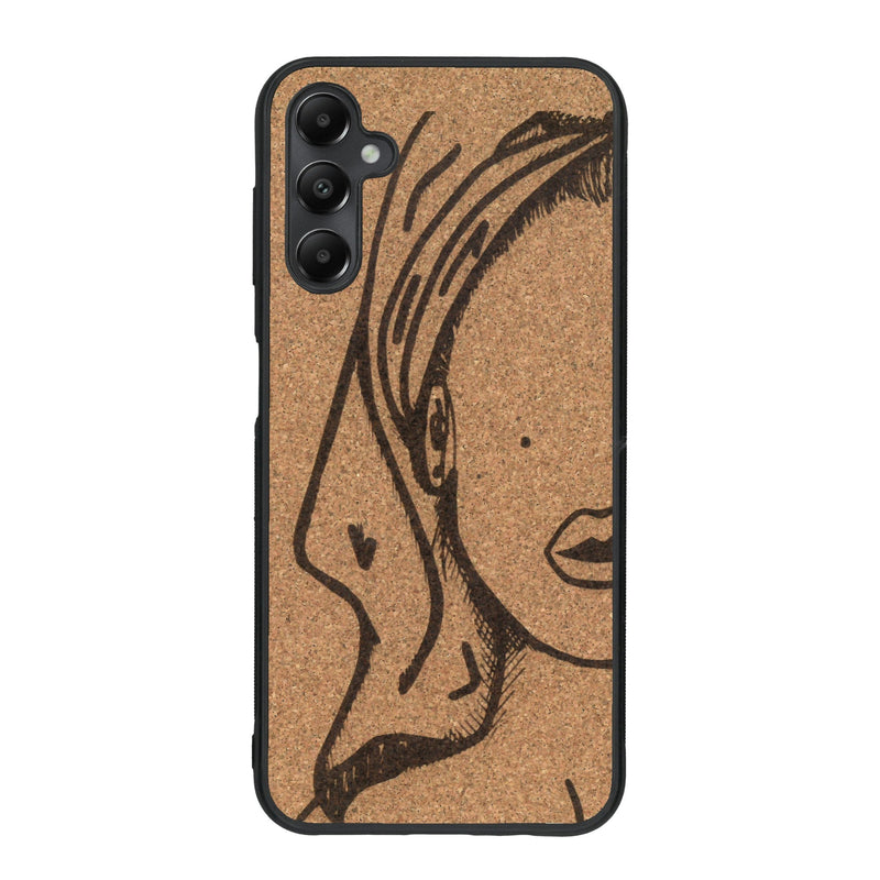 Coque de protection en bois véritable fabriquée en France pour Samsung A25 représentant une silhouette féminine épurée de type line art en collaboration avec l'artiste Maud Dabs