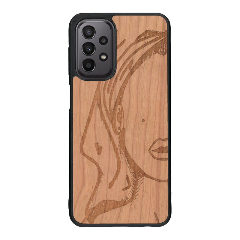 Coque de protection en bois véritable fabriquée en France pour Samsung A33 représentant une silhouette féminine épurée de type line art en collaboration avec l'artiste Maud Dabs