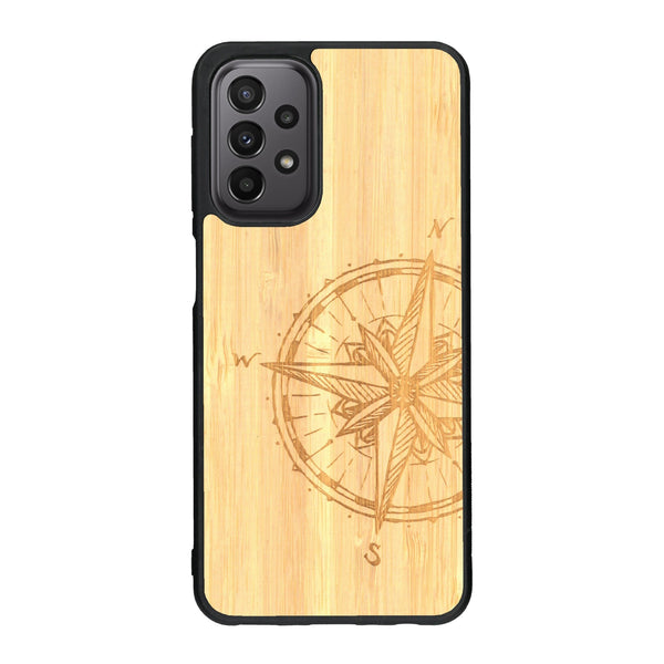 Coque de protection en bois véritable fabriquée en France pour Samsung A33 avec une gravure "rose des vents" sur le thème nautique et de l'océan qui s'inspire des boussoles de pirate