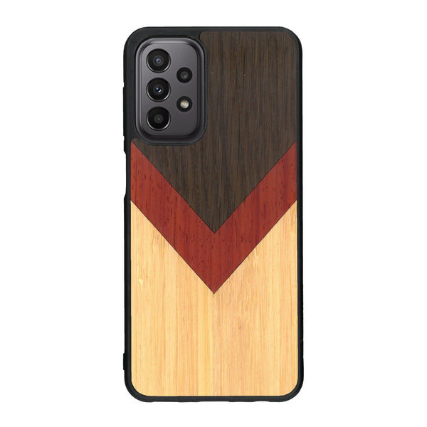 Coque de protection en bois véritable fabriquée en France pour Samsung A33 alliant du chêne fumé, du padouk et du bambou en forme de chevron sur le thème de l'art abstrait