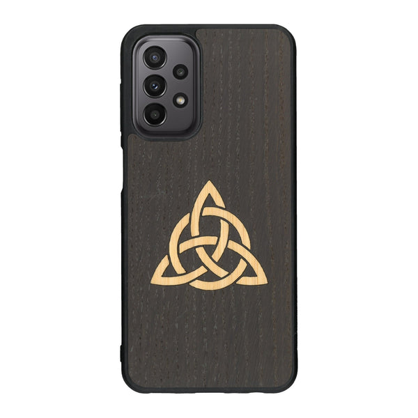 Coque de protection en bois véritable fabriquée en France pour Samsung A33 alliant du chêne fumé et du bambou représentant une triquetra