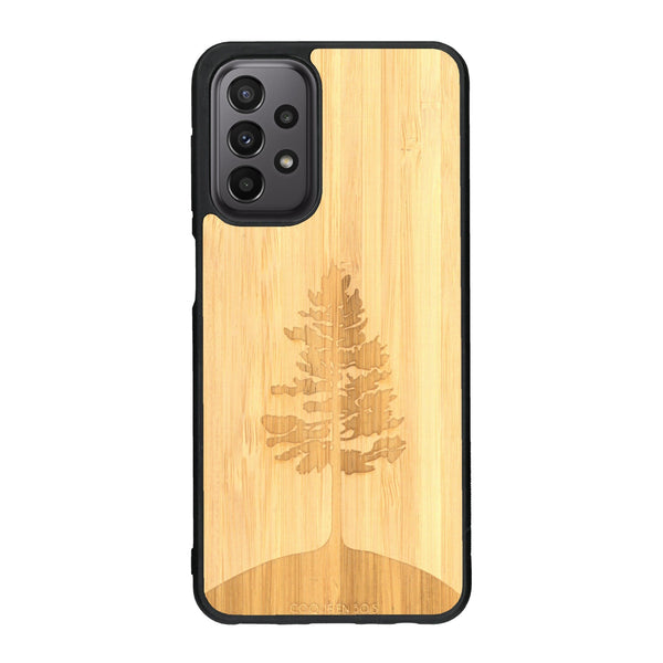 Coque de protection en bois véritable fabriquée en France pour Samsung A33 sur le thème de la nature, de la fôret et de l'écoresponsabilité avec une gravure représentant un arbre 