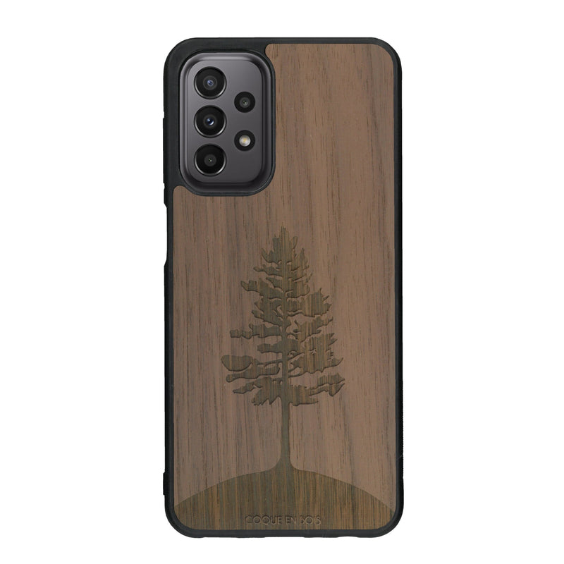 Coque de protection en bois véritable fabriquée en France pour Samsung A33 sur le thème de la nature, de la fôret et de l'écoresponsabilité avec une gravure représentant un arbre 