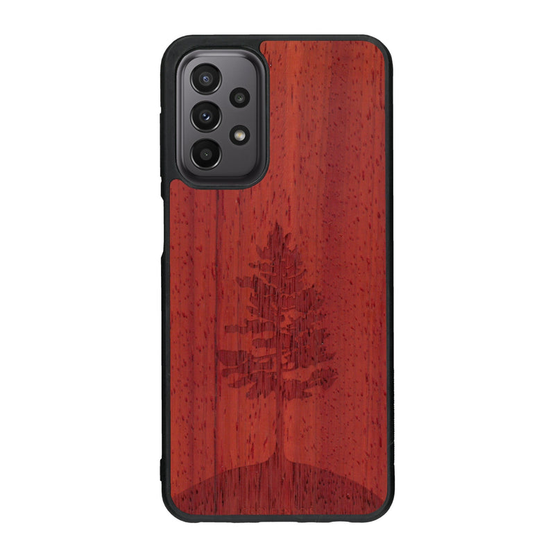 Coque de protection en bois véritable fabriquée en France pour Samsung A33 sur le thème de la nature, de la fôret et de l'écoresponsabilité avec une gravure représentant un arbre 