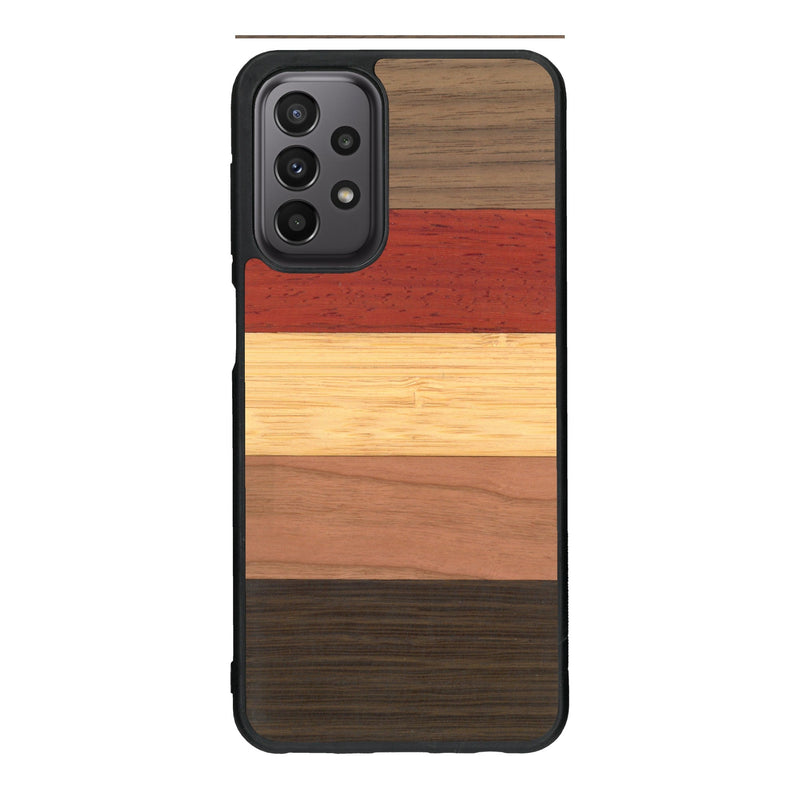 Coque de protection en bois véritable fabriquée en France pour Samsung A33 alliant des bandes horizontales de bambou, merisier, padouk, noyer et chêne fumé