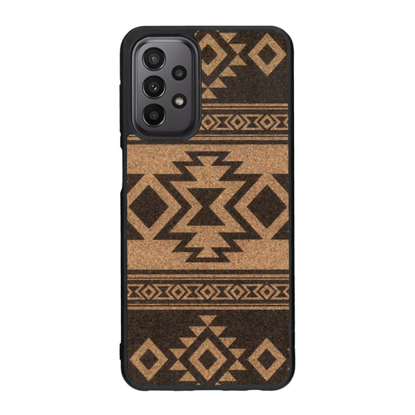 Coque de protection en bois véritable fabriquée en France pour Samsung A33 avec des motifs géométriques s'inspirant des temples aztèques, mayas et incas