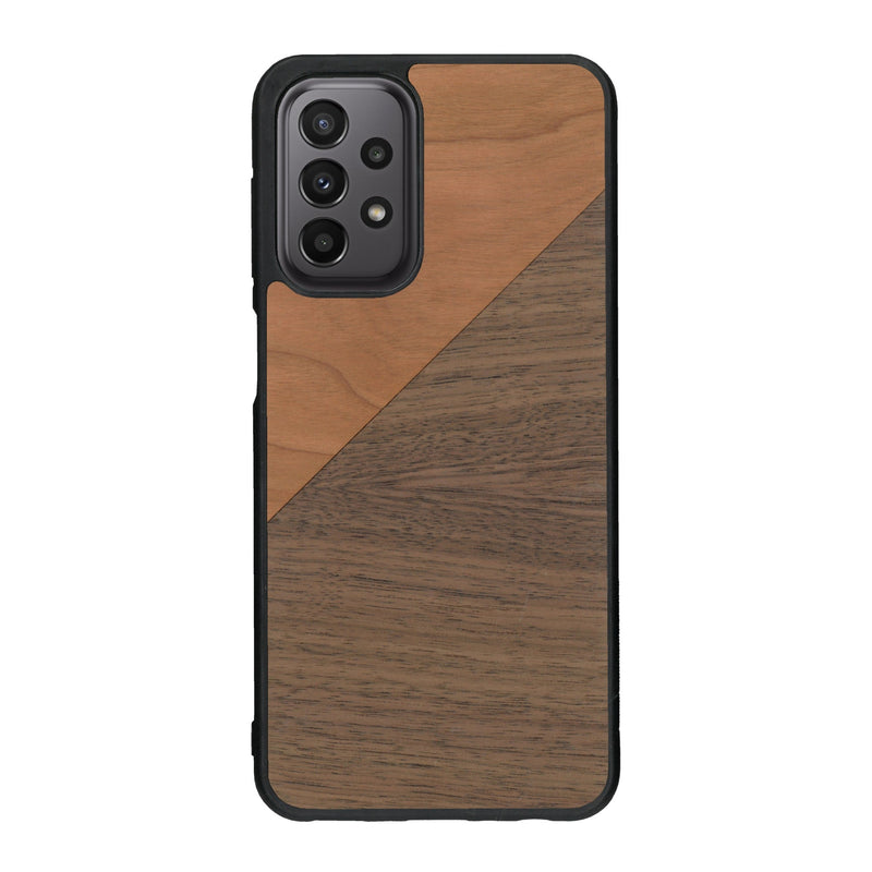 Coque de protection en bois véritable fabriquée en France pour Samsung A33 alliant du merisier et du noyer formant chacun un triangle avec une jointure en diagonale sur le thème de l'art abstrait