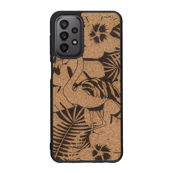 Coque de protection en bois véritable fabriquée en France pour Samsung A33 sur le thème de la nature et des animaux représentant un flamant rose entre des fougères