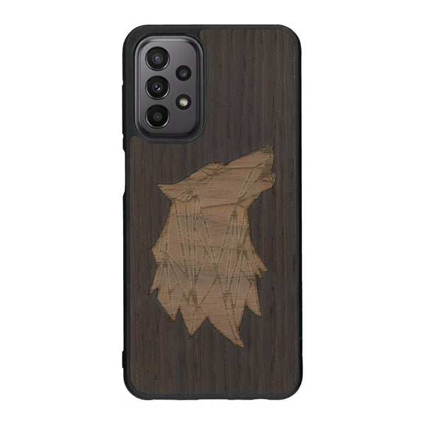 Coque de protection en bois véritable fabriquée en France pour Samsung A33 alliant du chêne fumé et du noyer représentant une tête de loup géométrique de profil sur le thème des animaux et de la nature