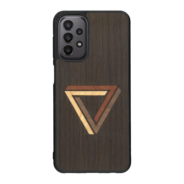 Coque de protection en bois véritable fabriquée en France pour Samsung A33 sur le thème de l'art géométrique qui allie du chêne fumé, du noyer, du bambou et du padouk représentant le triangle de penrose