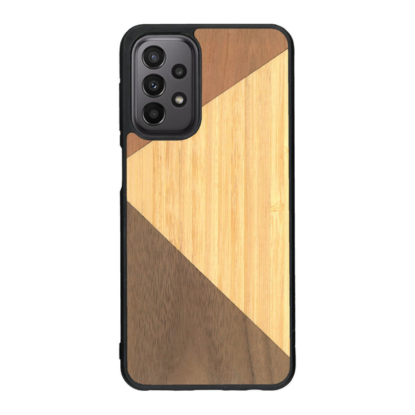 Coque de protection en bois véritable fabriquée en France pour Samsung A33 alliant du merisier, du noyer et du bambou formant chacun deux triangles et un trapèze avec deux jointures en diagonale sur le thème de l'art abstrait