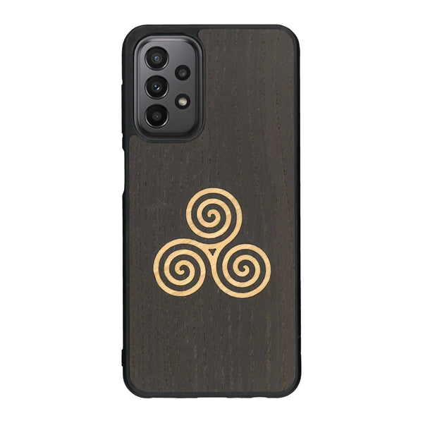 Coque de protection en bois véritable fabriquée en France pour Samsung A33 alliant du chêne fumé et du bambou et doré représentant un triskell