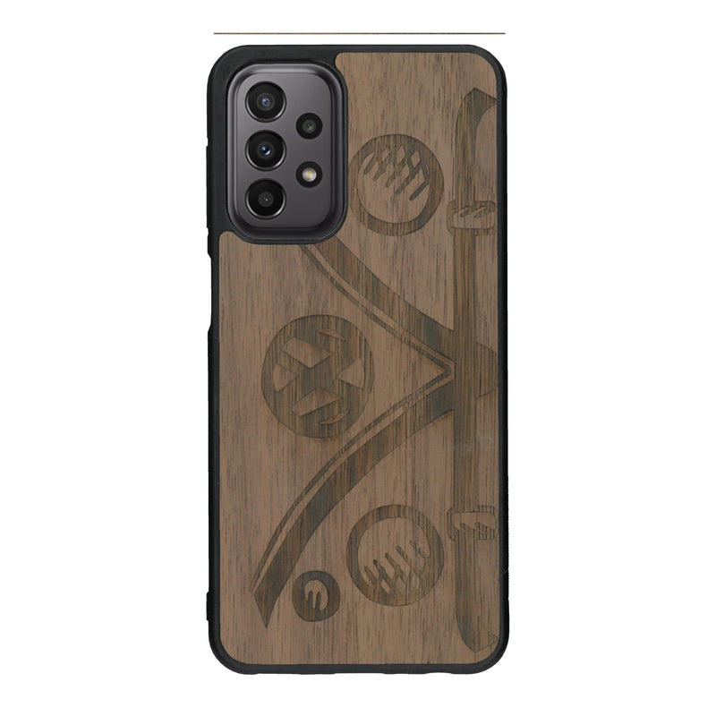 Coque de protection en bois véritable fabriquée en France pour Samsung A33 sur le thème de l'automobile avec un van combi