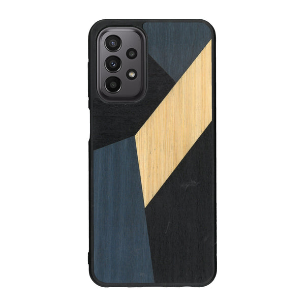 Coque de protection en bois véritable fabriquée en France pour Samsung A33 alliant du bambou, du tulipier bleu et noir en forme de mosaïque minimaliste sur le thème de l'art abstrait