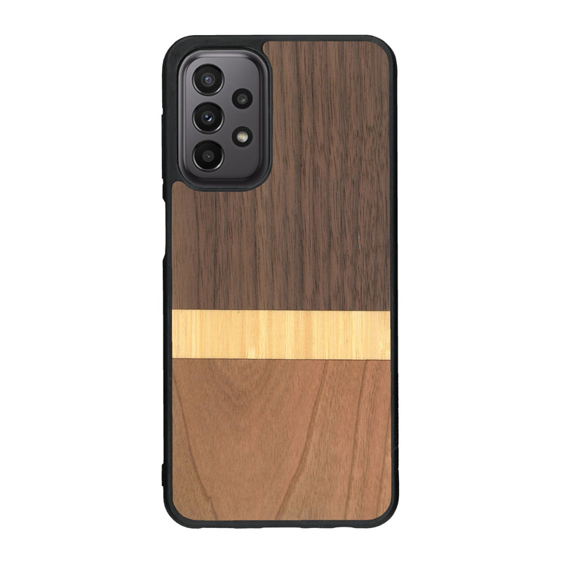 Coque de protection en bois véritable fabriquée en France pour Samsung A33 alliant des bandes horizontales de bambou, merisier et noyer