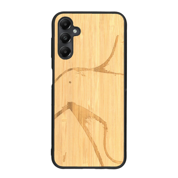 Coque de protection en bois véritable fabriquée en France pour Samsung A34 représentant une silhouette féminine dessinée à la main par l'artiste Maud Dabs