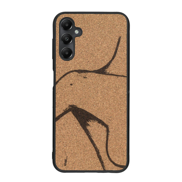 Coque de protection en bois véritable fabriquée en France pour Samsung A34 représentant une silhouette féminine dessinée à la main par l'artiste Maud Dabs