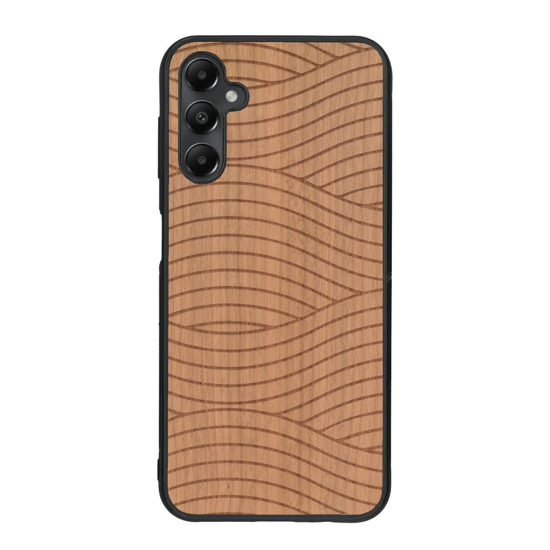 Coque de protection en bois véritable fabriquée en France pour Samsung A34 avec un motif moderne et minimaliste sur le thème waves et wavy représentant les vagues de l'océan