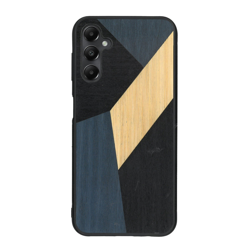 Coque de protection en bois véritable fabriquée en France pour Samsung A34 alliant du bambou, du tulipier bleu et noir en forme de mosaïque minimaliste sur le thème de l'art abstrait