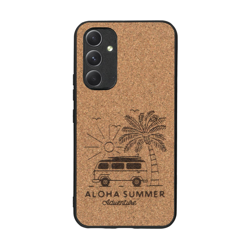 Coque de protection en bois véritable fabriquée en France pour Samsung A54 5G sur le thème de la plage, de l'été et vanlife.