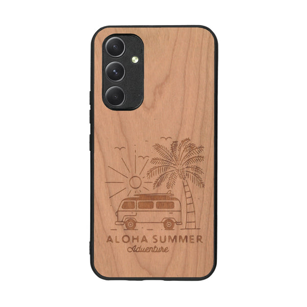 Coque de protection en bois véritable fabriquée en France pour Samsung A54 5G sur le thème de la plage, de l'été et vanlife.