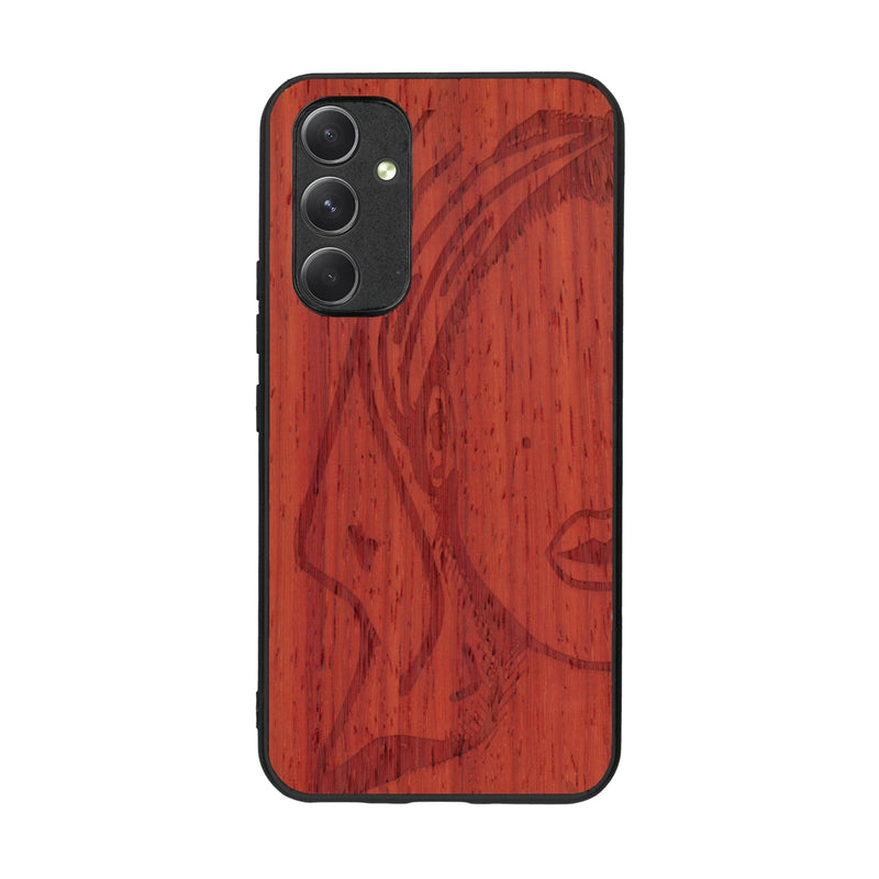 Coque de protection en bois véritable fabriquée en France pour Samsung A54 5G représentant une silhouette féminine épurée de type line art en collaboration avec l'artiste Maud Dabs