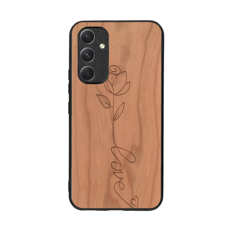 Coque de protection en bois véritable fabriquée en France pour Samsung A54 5G sur le thème de la fête des mères avec un motif représentant une fleur dont la tige forme le mot "love"