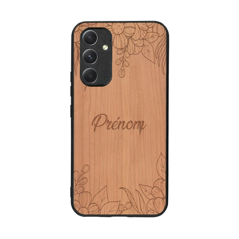 Coque de protection en bois véritable fabriquée en France pour Samsung A54 5G sur le thème de la fête des mères avec un motif représentant des fleurs et des feuilles