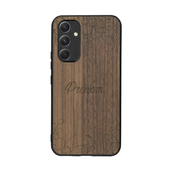 Coque de protection en bois véritable fabriquée en France pour Samsung A54 5G sur le thème de la fête des mères avec un motif représentant des fleurs et des feuilles