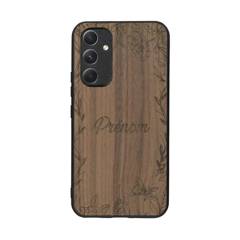 Coque de protection en bois véritable fabriquée en France pour Samsung A54 5G sur le thème de la fête des mères avec un motif représentant des fleurs et des feuilles