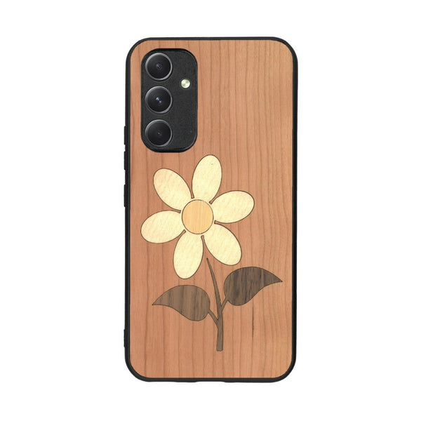 Coque de protection en bois véritable fabriquée en France pour Samsung A54 5G alliant plusieurs essences de bois pour représenter une marguerite