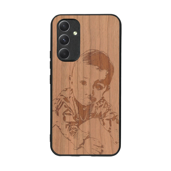 Coque de protection en bois véritable fabriquée en France pour Samsung A54 5G avec gravure personnalisée à partir d'une photo, d'une image, d'un logo, des initials ou d'une phrase