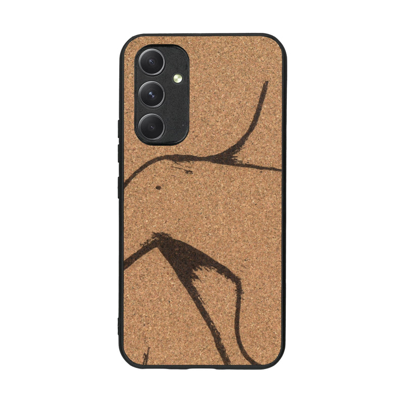 Coque de protection en bois véritable fabriquée en France pour Samsung A54 5G représentant une silhouette féminine dessinée à la main par l'artiste Maud Dabs