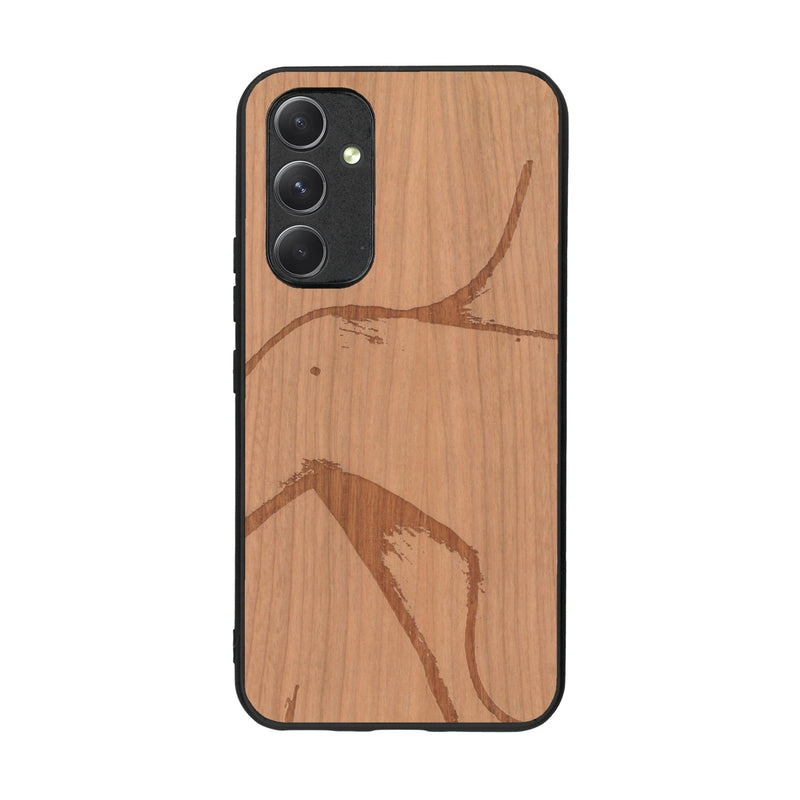 Coque de protection en bois véritable fabriquée en France pour Samsung A54 5G représentant une silhouette féminine dessinée à la main par l'artiste Maud Dabs