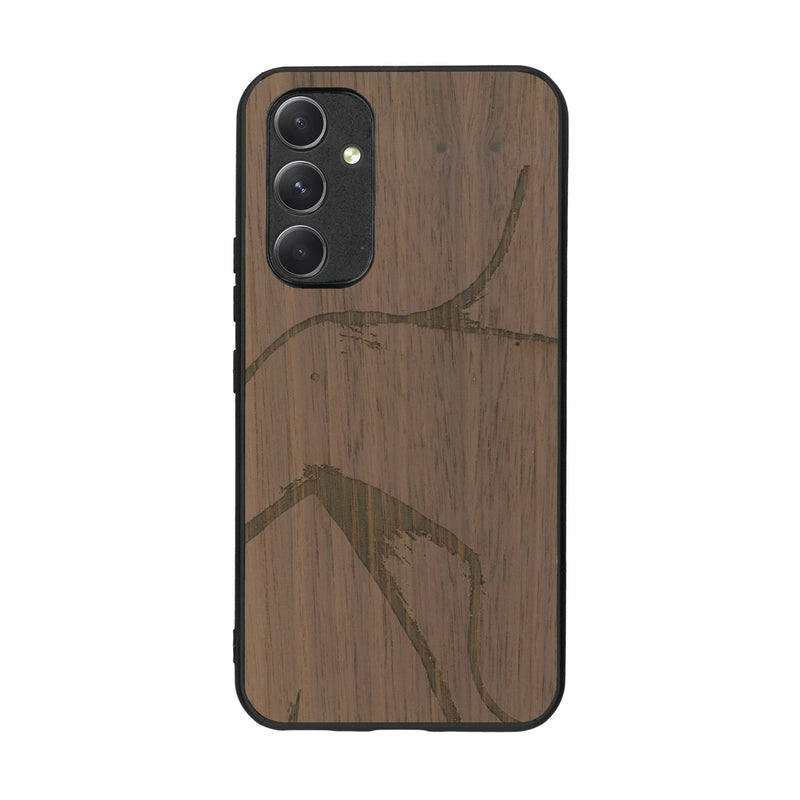 Coque de protection en bois véritable fabriquée en France pour Samsung A54 5G représentant une silhouette féminine dessinée à la main par l'artiste Maud Dabs