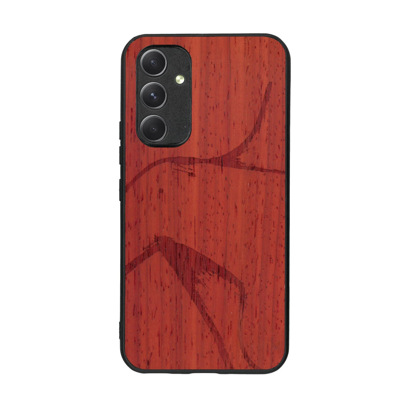 Coque de protection en bois véritable fabriquée en France pour Samsung A54 5G représentant une silhouette féminine dessinée à la main par l'artiste Maud Dabs