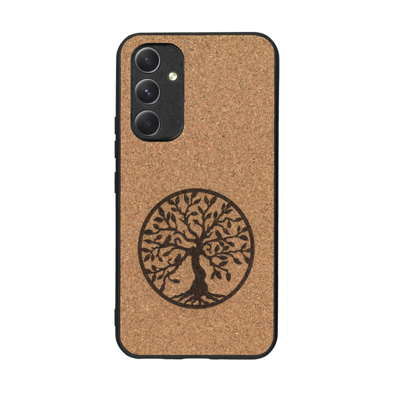 Coque de protection en bois véritable fabriquée en France pour Samsung A54 5G sur le thème de la spiritualité et du yoga avec une gravure zen représentant un arbre de vie