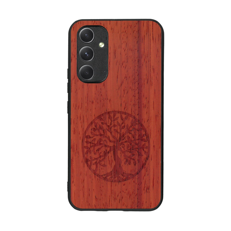 Coque de protection en bois véritable fabriquée en France pour Samsung A54 5G sur le thème de la spiritualité et du yoga avec une gravure zen représentant un arbre de vie