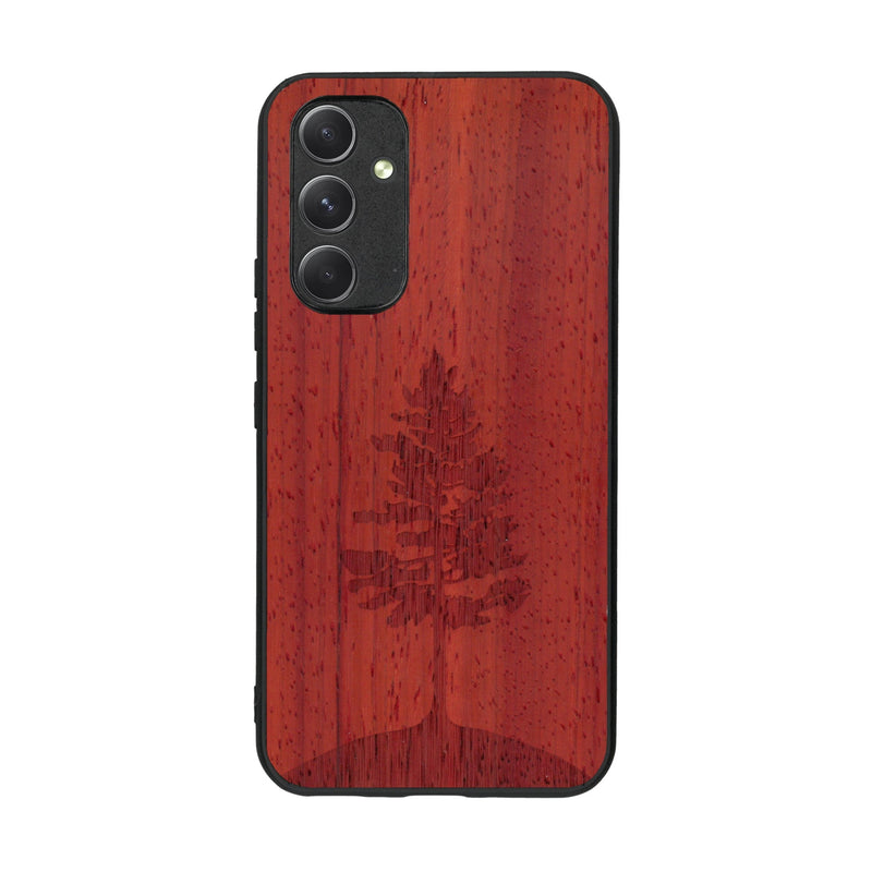 Coque de protection en bois véritable fabriquée en France pour Samsung A54 5G sur le thème de la nature, de la fôret et de l'écoresponsabilité avec une gravure représentant un arbre 