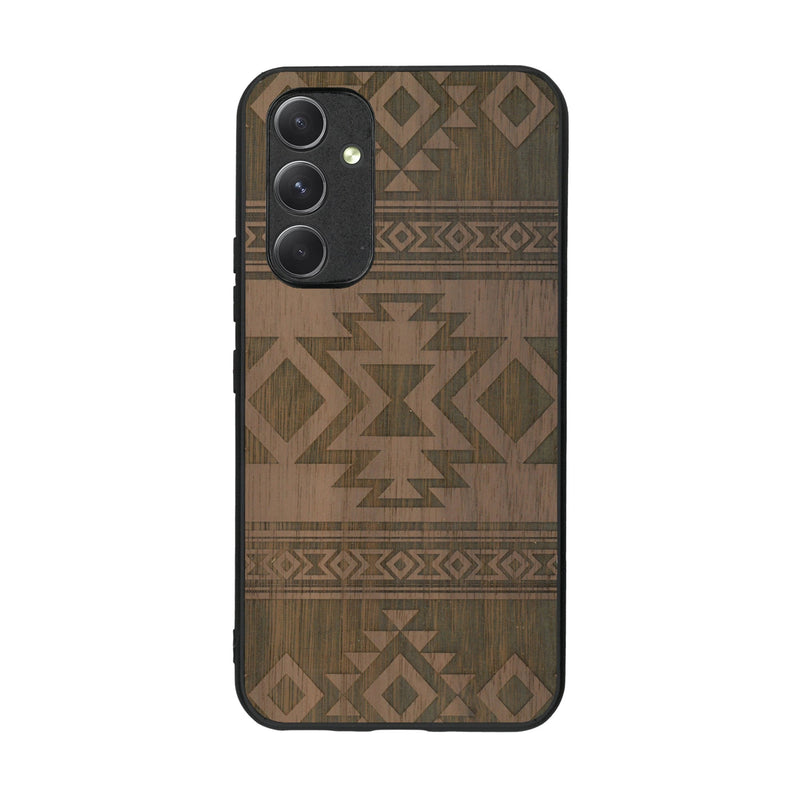 Coque de protection en bois véritable fabriquée en France pour Samsung A54 5G avec des motifs géométriques s'inspirant des temples aztèques, mayas et incas