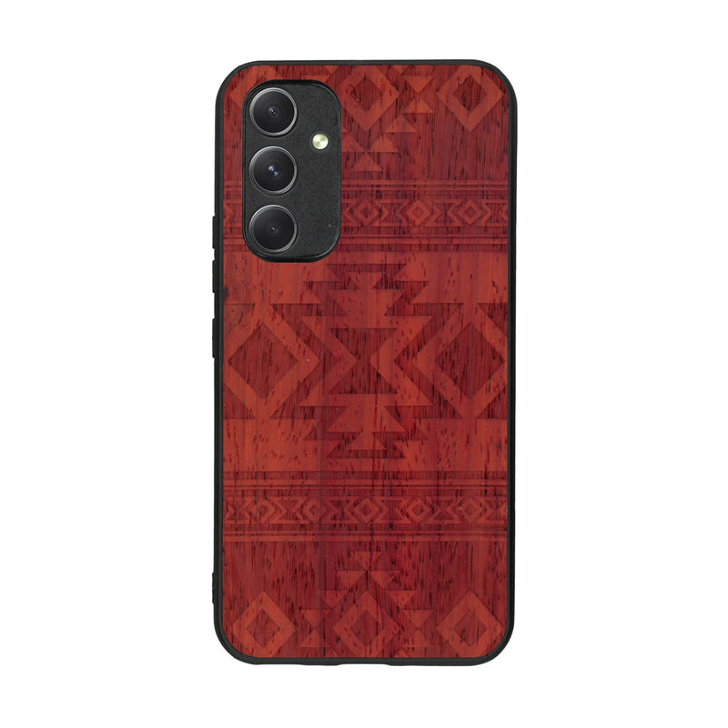 Coque de protection en bois véritable fabriquée en France pour Samsung A54 5G avec des motifs géométriques s'inspirant des temples aztèques, mayas et incas