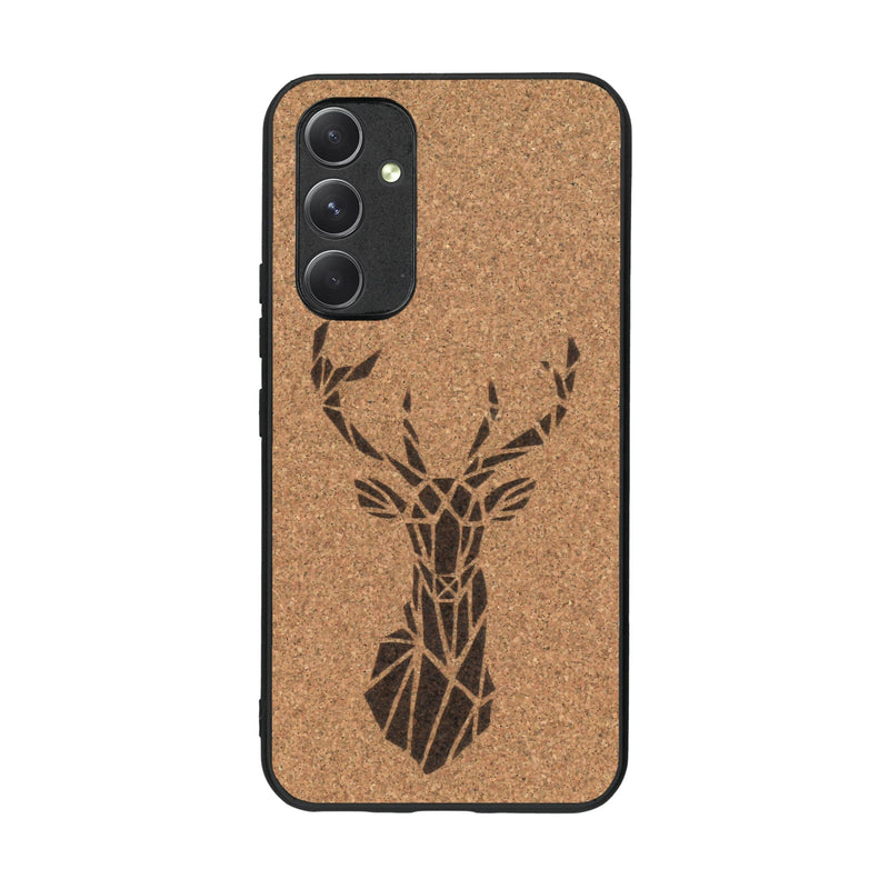 Coque de protection en bois véritable fabriquée en France pour Samsung A54 5G sur le thème de la nature et des animaux représentant une tête de cerf gométrique avec un design moderne et minimaliste