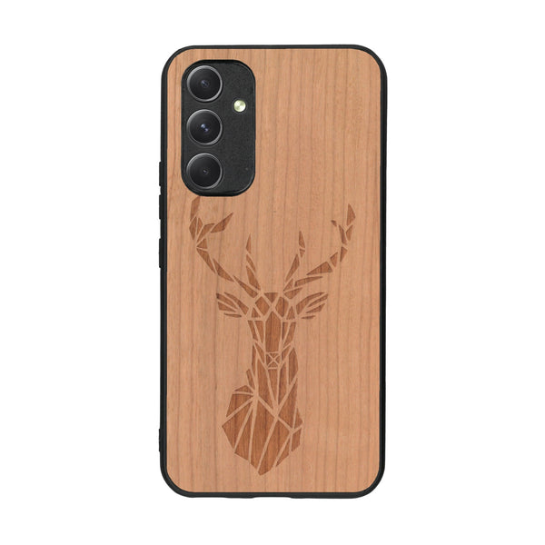 Coque de protection en bois véritable fabriquée en France pour Samsung A54 5G sur le thème de la nature et des animaux représentant une tête de cerf gométrique avec un design moderne et minimaliste