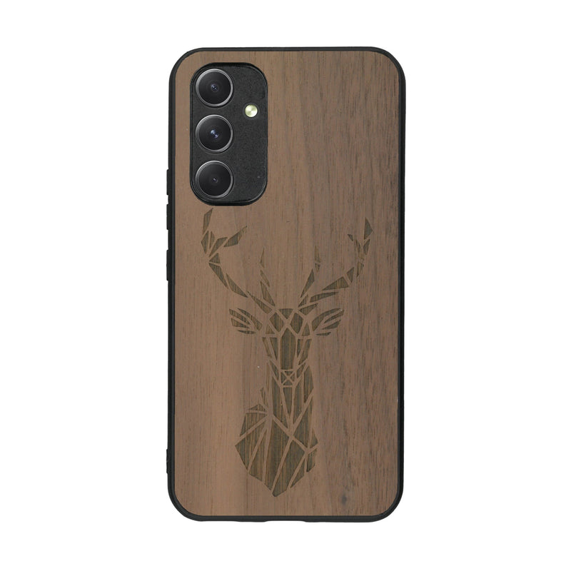 Coque de protection en bois véritable fabriquée en France pour Samsung A54 5G sur le thème de la nature et des animaux représentant une tête de cerf gométrique avec un design moderne et minimaliste