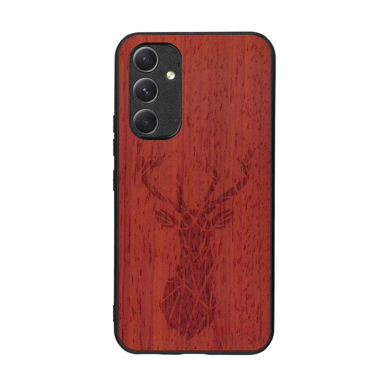 Coque de protection en bois véritable fabriquée en France pour Samsung A54 5G sur le thème de la nature et des animaux représentant une tête de cerf gométrique avec un design moderne et minimaliste